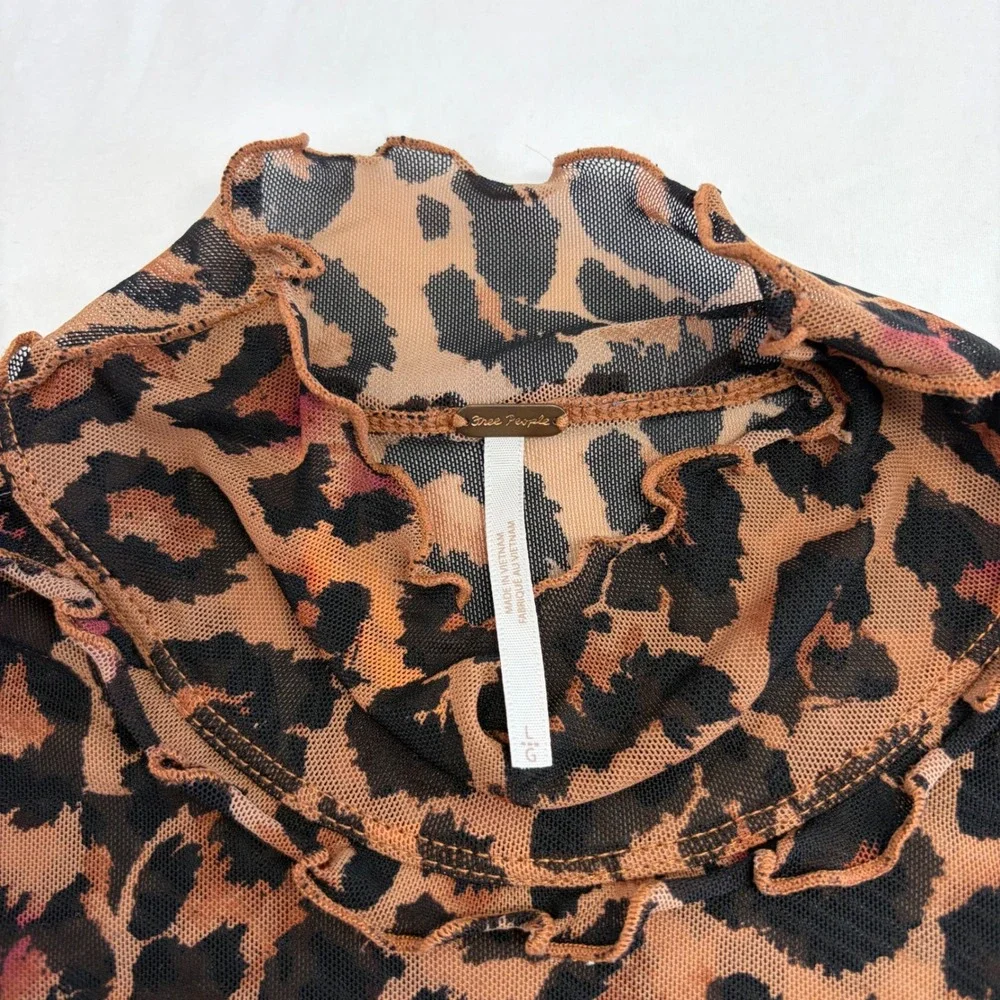 Free People Leopard Mesh Top Women L Sheer Mock Neck Ruffle Animal Print Indie